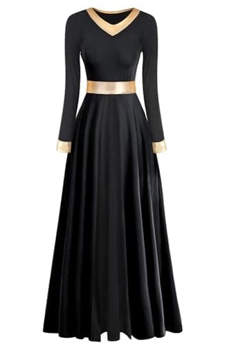 ELLYDOOR Women's Long Sleeve Metallic Gold Praise Dance Dress Liturgical Worship Costume