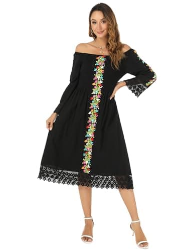 Vackutliv Mexican Embroidered Traditional Fiesta Dress Styles Long Sleeve Flower Patterns
