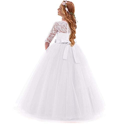 IBTOM CASTLE Girls' Flower Floral Lace 3/4 Sleeve Floor-Length Wedding Party Dress
