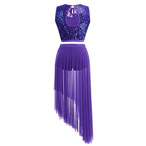 Purple Asymmetrical Dance Costume with Mesh Skirt & Crop Top for Women