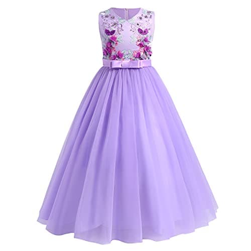 IBTOM CASTLE Girls' Flower Floral Lace 3/4 Sleeve Floor-Length Wedding Party Dress