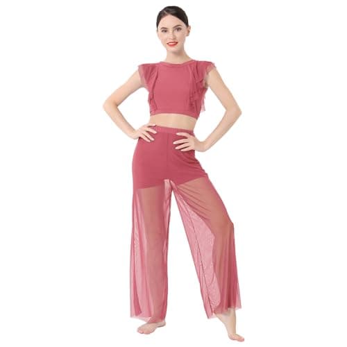 IBAKOM Women's Lyrical Dance Outfits 2PCS Chiffon Crop Top Shorts