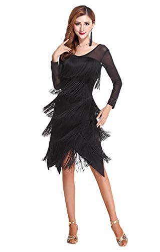 Z&X Women's Black Fringe Ballroom Dance Costume Tulle