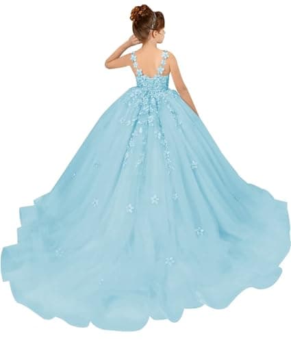 PSAISY Floral Applique Tulle Flower Girl Dress for Weddings & Birthday Parties