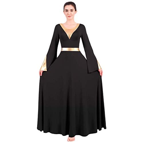 OwlFay Women's Metallic Color Block Liturgical Dance Dress with Bell Sleeve
