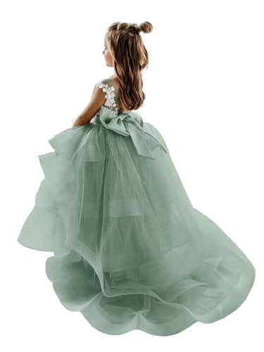 Zikusel Lace Applique Flower Girl Tiered Tulle Wedding Dress
