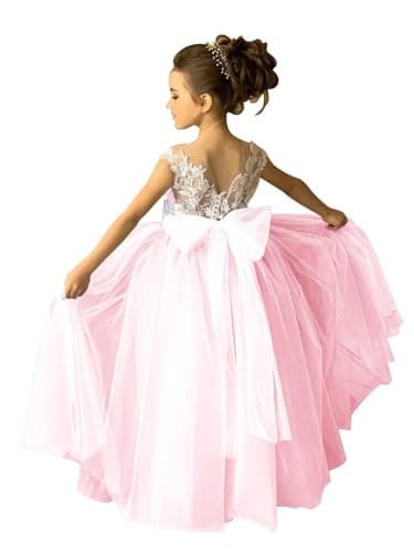 Zikusel Lace Applique Tulle Flower Girl Wedding Dress V-Back Satin Bow Knot