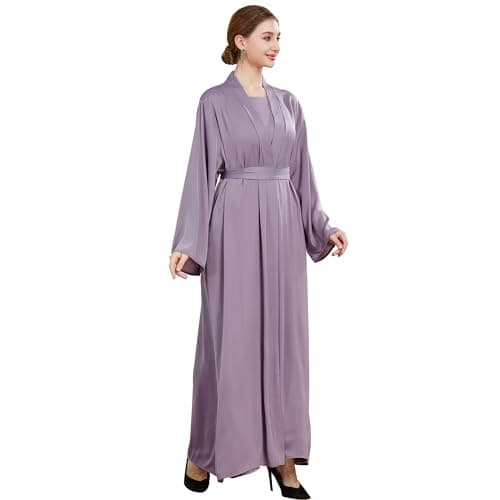 Lenmipot Women's Silk Abaya Dress Twin Set Maxi Kaftan Jilbab Eidsrobe