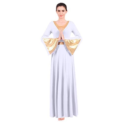 OwlFay Women's Metallic Color Block Liturgical Dance Dress with Bell Sleeve