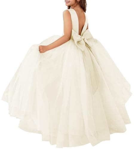 MCieloLuna Flower Girl Satin Tulle Princess Dress with Bow-Knot