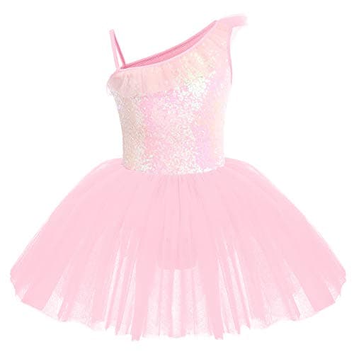 IDOPIP Girls' Sequin One-Shoulder Ballet Dance Tutu Skirted Leotard Costume