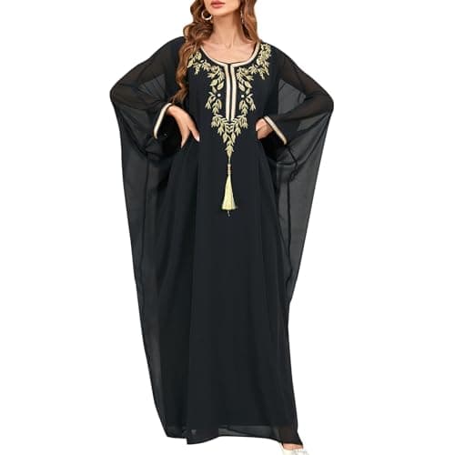 IDOPIP Women's Muslim Ramadan Dress - Long Sleeve Floral Maxi Kaftan Robe
