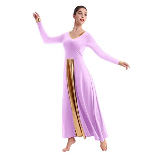 IBAKOM Women's Loose Fit Full Length Metallic Gold V-Neck Worship Dance Costume