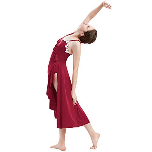 Lyrical Dance Midi Dress for Women with Asymmetrical Flounce and Spaghetti Straps