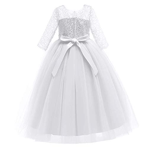 IBTOM CASTLE Girls' Flower Floral Lace 3/4 Sleeve Floor-Length Wedding Party Dress