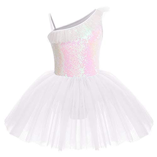 IDOPIP Girls' Sequin One-Shoulder Ballet Dance Tutu Skirted Leotard Costume