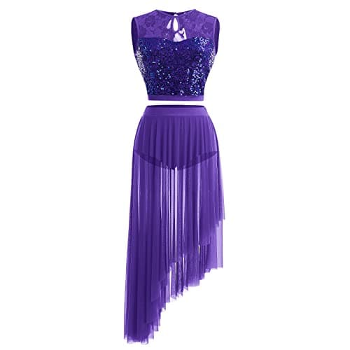 Sequin Lace Floral Crop Top and Flowy Mesh Tulle Skirt 2pcs Outfit for Lyrical Dance Costume