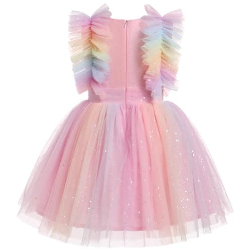 ODASDO Kids Girls Tutu Tulle Ruffle Sleeve Princess Dress for Birthday Parties