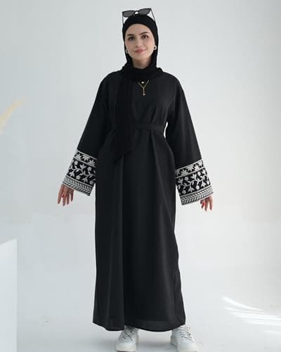 Zofocy Embroidered Long Sleeve Abaya Dress Zipper Maxi Robe for Women