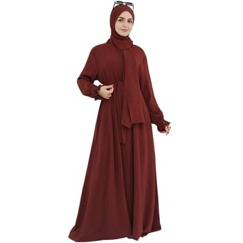 Women's Middle Eastern Arabian Robe Modest Dress with Lace Sleeve Hijab Scarf
