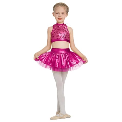 ODASDO Girls Shiny Metal Dance Costume with Sequin Tank Crop Top Ruffle Skirt