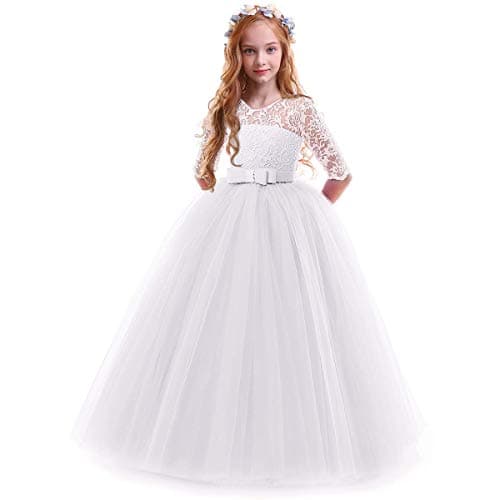 IBTOM CASTLE Girls' Flower Floral Lace 3/4 Sleeve Floor-Length Wedding Party Dress