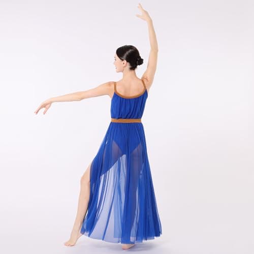 ODASDO Women's Lyrical Dance Mesh Tulle Long Dress Belted Competition Wear