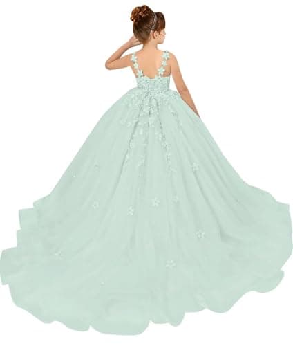 PSAISY Floral Applique Tulle Flower Girl Dress for Weddings & Birthday Parties