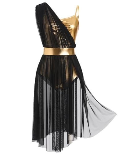 ODASDO Women's Lyrical Dance Leotard Dress with Cami Straps & Metallic Mesh Tulle