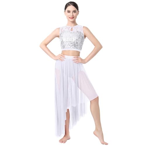 Women's Sequin Lace Lyrical Dance Costume with Asymmetrical Mesh Tulle Skirt Set