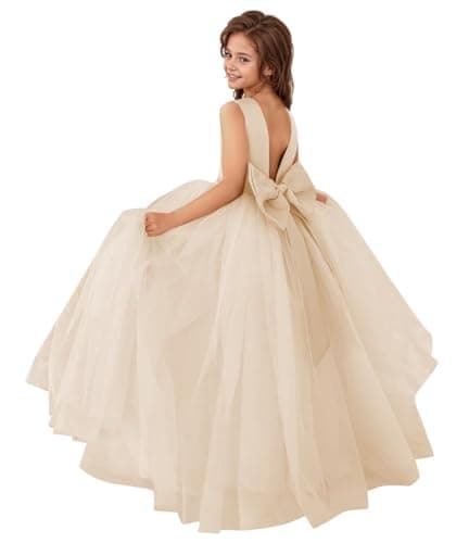 MCieloLuna Flower Girl Satin Tulle Princess Dress with Bow-Knot