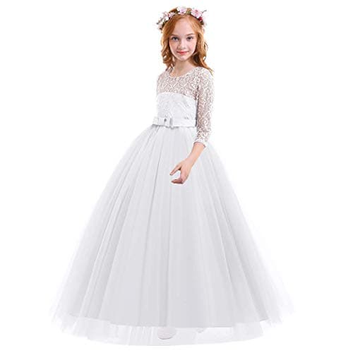 IBTOM CASTLE Girls' Flower Floral Lace 3/4 Sleeve Floor-Length Wedding Party Dress