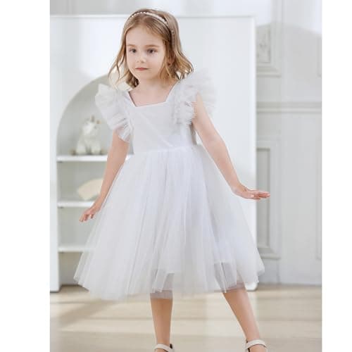 Tutu.kk Vintage Ruffled Sleeve A-Line Tulle Party Dress for Toddler Girls, Wedding & Birthday