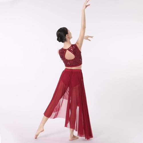 ODASDO Lyrical Dance Costume Sequin Floral Crop Top & Flowy Skirt 2pcs Outfit