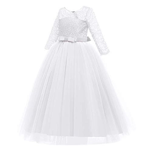 IBTOM CASTLE Girls' Flower Floral Lace 3/4 Sleeve Floor-Length Wedding Party Dress