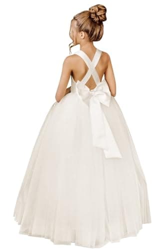 JISISANG Crossed Straps Satin Prom Dress with Bow Tulle for Flower Girls
