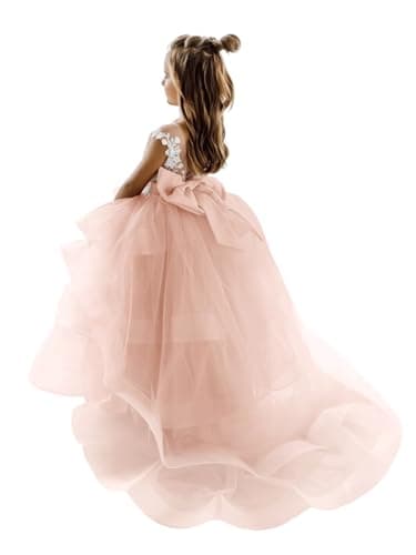 Zikusel Lace Applique Flower Girl Tiered Tulle Wedding Dress