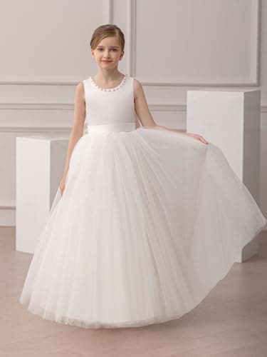 KAQININI Kids' Satin Tulle Maxi Wedding Dress for Flower Girls & Bridesmaids