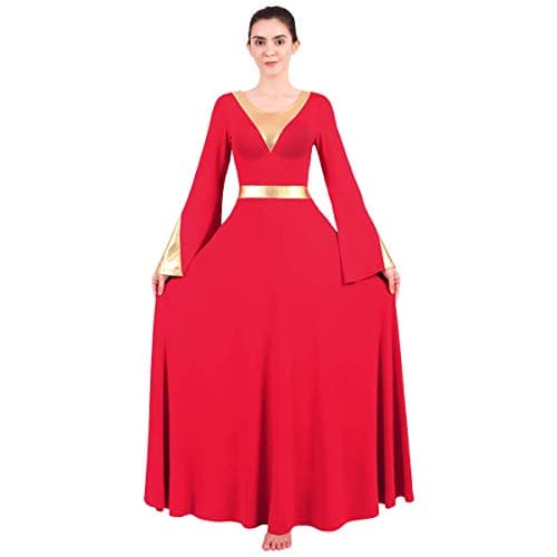 OwlFay Women's Metallic Color Block Liturgical Dance Dress with Bell Sleeve
