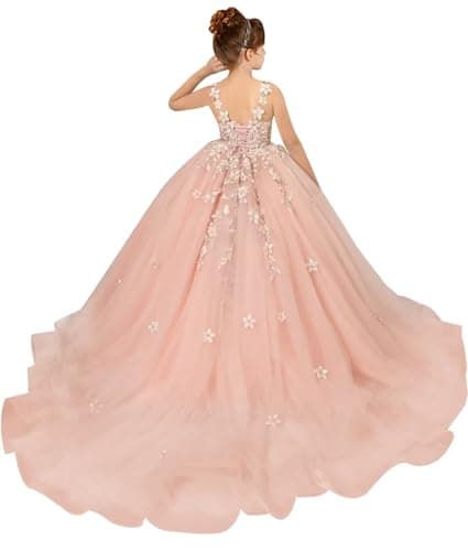 PSAISY Floral Applique Tulle Flower Girl Dress for Weddings & Birthday Parties
