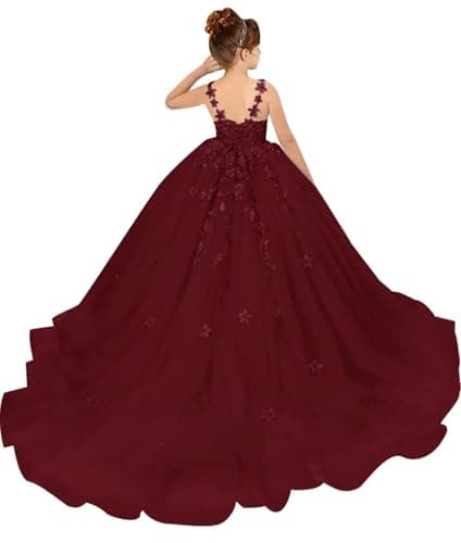 PSAISY Floral Applique Tulle Flower Girl Dress for Weddings & Birthday Parties