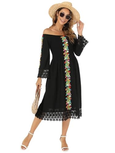 Vackutliv Mexican Embroidered Traditional Fiesta Dress Styles Long Sleeve Flower Patterns