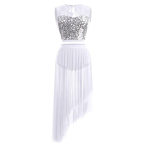 Women's Sequin Lace Lyrical Dance Costume with Asymmetrical Mesh Tulle Skirt Set