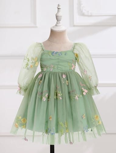 ODASDO Girls' Square Neck Mesh Long Sleeve Tutu Dress for Special Occasions