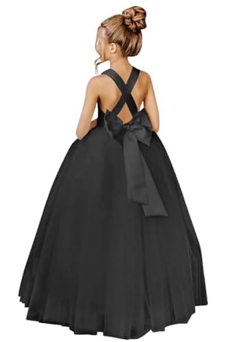 JISISANG Crossed Straps Satin Prom Dress with Bow Tulle for Flower Girls