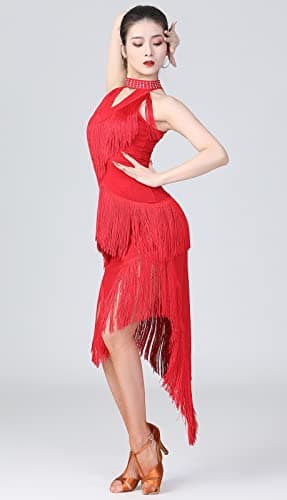 Women's Ballroom Latin Dance Dress with Swallowtail Fringe Skirt