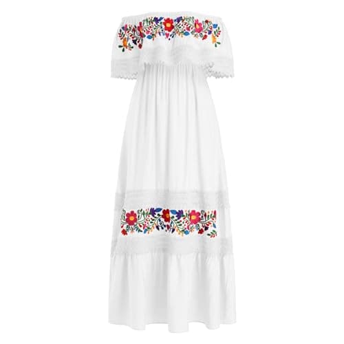 ABEHIK Women's Off-Shoulder Embroidered Mexican Maxi Dress for Cinco de Mayo