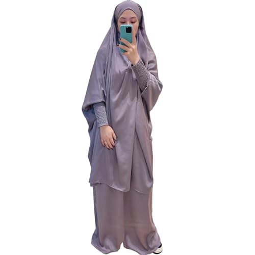 Zofocy Two-Piece Abaya Set for Muslim Women Elastic Sleeves Modest Prayer Dress
