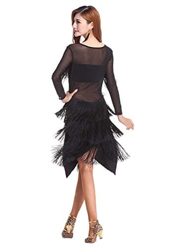 Z&X Women's Black Fringe Ballroom Dance Costume Tulle