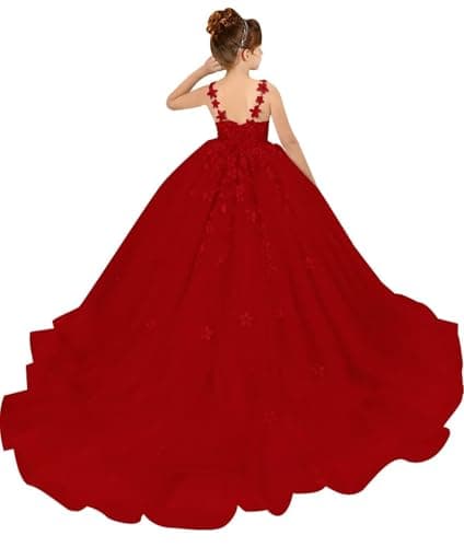 PSAISY Floral Applique Tulle Flower Girl Dress for Weddings & Birthday Parties
